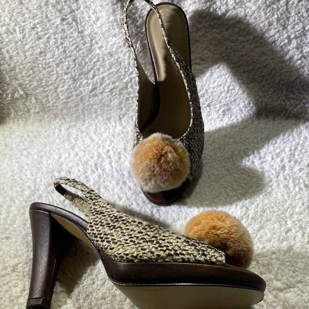 Via Condotti Women's Size 8.5 Slingback Heels Brown Tweed Peach Pompoms - Picture 3 of 12